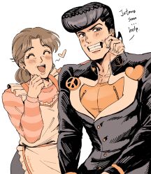  1boy 1girl apron black_hair brother_and_sister brown_hair cheek_pinching clenched_teeth closed_eyes commentary diamond_wa_kudakenai earrings english_commentary english_text grey_eyes half-siblings heart higashikata_josuke highres jacket jewelry jojo_no_kimyou_na_bouken kujo_holy long_sleeves looking_to_the_side old old_woman open_mouth peace_symbol pinching pompadour rubynnam shirt siblings smile stardust_crusaders striped_clothes striped_shirt sweat teeth 