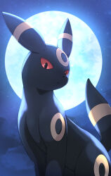  animal_focus black_fur closed_mouth colored_sclera commentary_request full_moon highres looking_at_viewer moon night no_humans pokemon pokemon_(creature) pokemon_focus red_eyes red_sclera rumine_(yoshi1234567) sky solo star_(sky) tail umbreon 