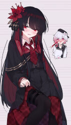  2girls aroused_nosebleed beret black_hair black_hat black_pantyhose black_shirt black_skirt blood blush chibi colored_inner_hair commentary_request flower gradient_hair hair_flower hair_ornament hand_up hat heart heart-shaped_pupils highres long_hair mahou_shoujo_no_majo_saiban multicolored_hair multiple_girls necktie nikaido_hiro nosebleed open_mouth pantyhose pink_eyes pink_hair plaid_clothes plaid_skirt pleated_skirt red_eyes red_hair red_necktie sakuraba_ema shirt skindentation skirt symbol-shaped_pupils thigh_strap white_hair white_shirt yun_cao_bing yuri 