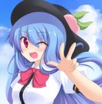  blue_hair cloud clouds dress food fruit hat highres hinanawi_tenshi kazami_chiu long_hair open_mouth peach red_eyes smile solo touhou wink 