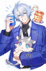  1boy absurdres antenna_hair black_sweater blue_coat blue_eyes chikuwa_(dr0603) chimera_(honkai:_star_rail) coat collared_shirt commentary creature cup disposable_coffee_cup disposable_cup food highres holding holding_creature holding_cup honkai:_star_rail honkai_(series) male_focus notice_lines official_alternate_costume open_clothes open_coat open_shirt pancake pancake_stack parted_bangs phainon_(honkai:_star_rail) phainon_(luckin_coffee)_(honkai:_star_rail) phainon_(vigethos)_(honkai:_star_rail) shirt short_hair solo sweater turtleneck turtleneck_sweater untranslatable_commentary watermark white_hair white_shirt 