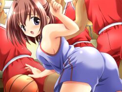  1girl 2000s_(style) 3boys ass ball basketball_(object) basketball_(sport) basketball_uniform bent_over blush breasts brown_hair cowboy_shot eyes_out_of_frame game_asset gym_shorts gym_uniform hair_between_eyes hair_intakes half_updo hand_up head_out_of_frame hogeroh indoors looking_back medium_breasts multiple_boys natsuki_mayu non-web_source open_mouth playing_sports raised_inner_eyebrows ryoujoku_gakuen school_gym self-datamine shorts sleeveless sportswear standing sweat variant_set violet_eyes visual_novel_cg 