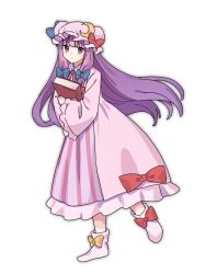  1girl blue_bow book boots bow closed_mouth commentary_request crescent crescent_hat_ornament dress footwear_bow full_body hat hat_ornament highres holding holding_book long_hair looking_at_viewer mob_cap nnn_lu one-hour_drawing_challenge patchouli_knowledge pink_boots pink_dress pink_hat purple_hair red_bow simple_background solo striped_clothes striped_dress touhou vertical-striped_clothes vertical-striped_dress very_long_hair violet_eyes white_background yellow_bow 