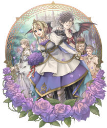  2girls 3boys armor armored_boots boots bouquet braid brass_knuckles buckle cape castle crown dress elf facial_hair fairy fantasy flower hat hatake_michi highres multiple_boys multiple_girls original pointy_ears purple_flower purple_rose revision rose size_difference sword tiara weapon wings wolf 