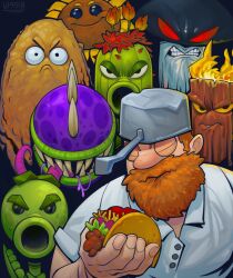  1boy 6+others absurdres beard cactus_(plants_vs._zombies) chomper_(plants_vs._zombies) cooking_pot crazy_dave_(plants_vs._zombies) doom-shroom_(plants_vs._zombies) facial_hair full_beard group_picture group_profile highres invincible_(series) meme multiple_others peashooter_(plants_vs._zombies) plants_vs._zombies pot_on_head profile saucepan sunflower_(plants_vs._zombies) taco thick_beard torchwood_(plants_vs._zombies) viltrumite_group_shot_(meme) wall-nut_(plants_vs._zombies) 