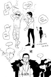  3boys aged_down arms_behind_head ascot chamsut0905 cigar cigarette commentary_request crocodile_(one_piece) donquixote_doflamingo dracule_mihawk earrings facial_hair hair_slicked_back hat_feather highres holding holding_cigarette jewelry korean_commentary male_focus multiple_boys mustache one_piece scar scar_on_face smoke sunglasses 