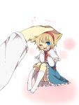  alice_margatroid animal_ears blonde_hair blue_dress blue_eyes blush bow capelet cat_ears cat_tail catgirl dress hairband hand_on_head heart kemonomimi_mode minigirl open_mouth pet_the_catgirl petting sash sitting smile solo tail touhou tsuno_no_hito wink 