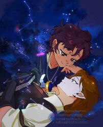  2girls amity_blight black_gloves book brown_eyes brown_hair cancer_(constellation) commentary constellation dark-skinned_female dark_skin english_commentary eye_contact gemini_(constellation) gloves holding holding_book jewelry kuma20151225 leo_(constellation) looking_at_another luz_noceda multiple_girls necklace pointy_ears short_hair smile star_(sky) taurus_(constellation) the_owl_house virgo_(constellation) yellow_eyes 