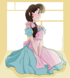  1girl absurdres apron bare_shoulders blue_dress blue_eyes bow commentary commission dress english_commentary hair_bow highres low_side_ponytail off_shoulder pink_apron pink_bow ranma_1/2 side_ponytail sitting solo tendou_kasumi two-saiyamans yellow_background 