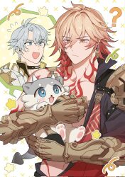  2boys ? antenna_hair arm_tattoo armlet armor black_choker black_coat black_shirt blonde_hair blue_eyes bm88501 braid chest_tattoo chimera_(honkai:_star_rail) choker clawed_gauntlets coat commentary_request creature earrings facial_tattoo gold_earrings gold_necklace gradient_hair highres holding holding_creature honkai:_star_rail honkai_(series) jewelry korean_commentary male_focus medium_hair multicolored_hair multiple_boys mydei_(honkai:_star_rail) neck_tattoo necklace open_clothes open_coat parted_bangs pauldrons phainon_(honkai:_star_rail) phainon_(vigethos)_(honkai:_star_rail) red_hair red_tattoo shirt short_hair shoulder_armor side_braid single_pauldron sun_symbol sun_tattoo sweatdrop tattoo white_hair yellow_eyes 