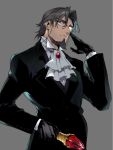  6zi_0 alternate_costume bespectacled black_gloves blue_eyes brown_hair cravat facial_hair fate/zero fate_(series) formal gem glasses gloves goatee male staff suit tohsaka_tokiomi toosaka_tokiomi 