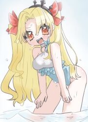  1girl bare_shoulders bent_over blonde_hair commentary_request ereshkigal_(fate) ereshkigal_(swimsuit_beast)_(fate) fate/grand_order fate_(series) mi_san0o open_mouth red_eyes red_ribbon ribbon swimsuit two_side_up water 