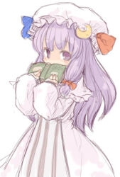  1girl 7010 archived_source blunt_bangs blush book bow covering_face crescent crescent_hat_ornament dress frills hair_bow hat hat_ornament hat_ribbon holding holding_book long_dress long_hair looking_at_viewer lowres mob_cap patchouli_knowledge purple_hair ribbon solo striped_clothes striped_dress touhou upper_body vertical-striped_clothes vertical-striped_dress violet_eyes white_background white_dress white_hat 
