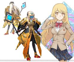 1girl 3d angelan assault_visor bag blazer blonde_hair boots bow bowtie breasts brown_jacket chain character_name closed_mouth collared_shirt commentary cowboy_shot crossover dengeki_online emblem full_body gloves gold_chain grey_skirt haimura_kiyotaka hand_up handbag holding holding_staff humanoid_robot jacket joints large_breasts layered_sleeves light_blush long_hair long_sleeves looking_at_viewer mecha mecha_focus miniskirt mixed-language_commentary multiple_views official_art orange_eyes plaid_clothes plaid_skirt pleated_skirt red_bow red_bowtie robot robot_girl robot_joints school_emblem school_uniform science_fiction shirt shokuhou_misaki skirt smile sparkle staff star-shaped_pupils star_(symbol) symbol-shaped_pupils toaru_majutsu_no_index toaru_majutsu_no_virtual-on tokiwadai_school_uniform virtual_on white_background white_gloves white_shirt winter_uniform yellow_pupils 