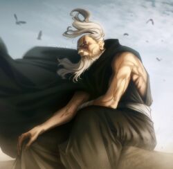  1boy absurdres bare_shoulders beard brown_eyes cape closed_mouth facial_hair full_beard highres itzzazure japanese_clothes jujutsu_kaisen long_beard long_hair muscular muscular_male old old_man scar scar_on_face sleeveless todo_aoi_(jujutsu_kaisen) white_hair 