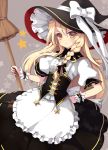  :&lt; blonde_hair blush bow braid broom broom_riding brown_eyes corset dress embellished_costume hand_on_hip hat juke kirisame_marisa long_hair simple_background solo star symbol-shaped_pupils touhou very_long_hair witch witch_hat wrist_cuffs 