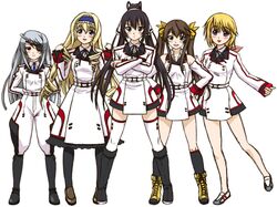  arms_behind_back bare_legs bare_shoulders black_legwear blonde_hair blush boots brown_hair cecilia_alcott charlotte_dunois cross-laced_footwear crossed_arms detached_sleeves drill_hair eyepatch full_body green_eyes grin hair_ribbon hands_on_hips headband highres huang_lingyin infinite_stratos jun_(studioask) knee_boots lace-up_boots laura_bodewig long_hair minidress multiple_girls necktie pantyhose ponytail purple_eyes red_eyes ribbon shinonono_houki shoes silver_hair skirt smile sneakers socks standing thigh-highs thighhighs twin_drills twintails uniform violet_eyes white_legwear zettai_ryouiki 