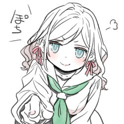  1girl blue_eyes ceras_yanagida_lilienfeld closed_mouth commentary green_neckerchief hair_ribbon hasu_no_sora_school_uniform long_hair long_sleeves looking_at_viewer love_live! love_live!_hasu_no_sora_jogakuin_school_idol_club neckerchief partially_colored pink_ribbon revision ribbon sailor_collar school_uniform shinanoya_(satanicad) simple_background smile solo split_mouth virtual_youtuber wavy_hair white_background winter_uniform 