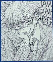  1boy bossman_hero collared_shirt commentary_request double-parted_bangs germany_omori greyscale hair_between_eyes hand_on_own_cheek hand_on_own_face hero_(headspace)_(omori) hero_(omori) highres long_sleeves looking_at_viewer male_focus monochrome necktie omori open_mouth pinstripe_pattern pinstripe_suit sharp_teeth shirt short_hair smile solo suit teeth tongue traditional_media 