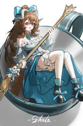  1girl :d absurdres aqua_ribbon aqua_sleeves arknights artist_name bare_shoulders bell black_shoes blue_dress brown_hair commentary_request cup detached_sleeves dress eyjafjalla_(arknights) eyjafjalla_the_hvit_aska_(a_picnic_before_a_long_trip)_(arknights) eyjafjalla_the_hvit_aska_(arknights) fork frilled_sleeves frilled_thighhighs frills full_body hair_between_eyes hair_ribbon highres holding holding_fork horns in_container in_cup legs long_dress long_hair neck_bell neck_ribbon open_mouth red_eyes ribbon ribbon_shoes shale sheep_girl sheep_horns shoes simple_background smile solo thigh-highs thighs white_background white_horns white_thighhighs 