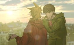  2boys ^_^ alexk072 animification blurry blurry_background brown_hair can chinese_commentary cigar closed_eyes cola commentary_request drawstring drink drink_can edd_(eddsworld) eddsworld flipped_hair from_behind green_hoodie grin hair_behind_ear hair_ears highres holding holding_can holding_cigar holding_drink hood hood_down hoodie lens_flare long_sleeves male_focus multiple_boys outdoors photo_background red_hoodie short_hair smile smoke smoking swept_bangs tord_(eddsworld) upper_body 
