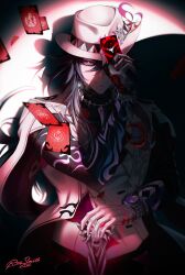  1boy absurdres artist_name ashveil_(honkai:_star_rail) black_hair black_shirt cane commentary crescent crescent_pin earrings english_commentary fedora gloves gradient_hair hat hat_ornament highres holding holding_cane honkai:_star_rail honkai_(series) jacket jewelry lapel_pin long_hair male_focus multicolored_hair necklace raysmith_art shirt signature single_earring single_glove solo spotlight tooth_necklace turtleneck violet_eyes white_gloves white_hair white_hat white_jacket 
