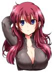  arm_up blue_eyes breasts cleavage copyright_request earrings hand_behind_head highres jewelry long_hair original paopao purple_hair simple_background solo white_background 