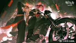  1boy 1girl animal_ears arknights biker_clothes black_boots black_jacket black_pants boots chinese_commentary cityscape collared_shirt commentary_request copyright_name copyright_notice fumizuki_(arknights) furry furry_female furry_male grin hand_on_own_head horns huang_ji_shui_yang_suan jacket looking_to_the_side motor_vehicle motorcycle night official_art on_motorcycle pants red_eyes red_hair shirt short_hair single_horn smile wei_yenwu_(arknights) weibo_username yellow_eyes 