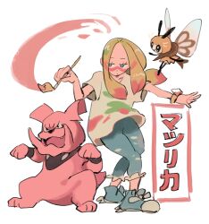  1girl blonde_hair blue_eyes blue_shoes bug butterfly commentary denim dog english_commentary expressionless facepaint fairy_type_theme_(pokemon) granbull highres holding holding_paintbrush jeans mina_(pokemon) paint_on_body paint_on_clothes paintbrush pants pink_theme pokemon pokemon_(creature) ribombee sanigo shoes sneakers white_background 
