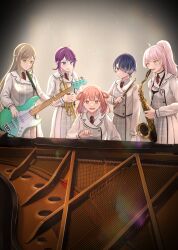  5girls absurdres ahoge blue_eyes blue_hair brown_hair collared_shirt commentary_request drumsticks electric_guitar eyes_visible_through_hair grand_piano green_eyes grey_hair grey_jacket grey_skirt guitar hair_ornament hair_over_one_eye hair_rings half_updo high_ponytail highres holding holding_drumsticks holding_guitar holding_instrument holding_saxophone holding_trumpet instrument jacket light_particles long_hair long_sleeves medium_hair multiple_girls necktie orange_eyes original piano plaid_clothes plaid_skirt playing_instrument playing_piano pleated_skirt ponytail purple_hair red_necktie saxophone school_uniform shirt short_hair sitting skirt standing suito trumpet white_hair white_shirt x_hair_ornament yellow_eyes 