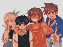  1girl 3boys alternate_eye_color antenna_hair aubrey_(faraway)_(omori) aubrey_(omori) black_eyes black_hair black_sweater_vest blue_eyes blue_hairband blue_skirt blue_sweater blush brothers closed_eyes collared_shirt commentary_request crop_top dark-skinned_male dark_skin denim denim_skirt double-parted_bangs grey_background grey_pants grin hair_between_eyes hairband hero_(faraway)_(omori) hero_(omori) highres jacket kel_(faraway)_(omori) kel_(omori) long_hair long_sleeves looking_at_viewer ma_e_zo multiple_boys navel omori open_mouth pants parted_lips pink_hair shirt short-sleeved_jacket short_hair short_sleeves siblings sidelocks simple_background skirt smile sunny_(omori) sweater sweater_vest teeth v white_jacket white_shirt 