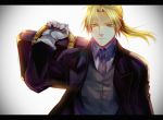  blonde_hair briefcase edward_elric formal fullmetal_alchemist gloves highres lorein male ponytail solo suit yellow_eyes 