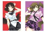  blush brown_hair cellphone checkered checkered_skirt hair_ribbon hat himekaidou_hatate katou_haruaki long_hair multiple_girls phone red_eyes ribbon shameimaru_aya short_hair skirt smile solo tokin_hat touhou twintails wink 