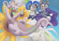  absurdres blue_sky commentary_request dragon flower goodra highres indeedee indeedee_(female) indeedee_(male) pokemon pokemon_(creature) pokemon_focus purple_flower shino76 sky slime_(substance) sunflower white_flower 