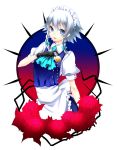  ascot bad_id black_gloves blue_eyes bow braid gloves hair_bow izayoi_sakuya looking_at_viewer maid maid_headdress open_mouth short_hair silver_hair solo touhou twin_braids watch yutazou 