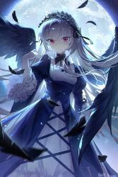 1girl absurdres baiyevivian black_dress black_feathers black_ribbon black_wings commentary detached_collar doll_joints dress expressionless falling_feathers feathers feet_out_of_frame floating_hair framed_breasts frilled_hairband frilled_sleeves frills gothic_lolita hairband hand_up highres joints juliet_sleeves lolita_fashion lolita_hairband long_hair long_sleeves looking_at_viewer moon neck_ribbon puffy_sleeves red_eyes ribbon rozen_maiden signature solo suigintou two-tone_dress white_dress white_hair wings 