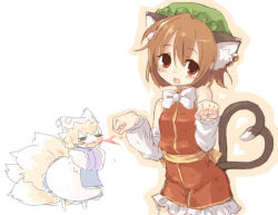  2girls 7010 animal_ear_piercing animal_ears archived_source back_bow bare_shoulders blonde_hair blood blush blush_stickers bow bowtie brown_hair cat_ears cat_girl chen detached_sleeves dress fox_ears fox_tail frilled_dress frills green_hat hands_in_opposite_sleeves hat hat_with_ears kitsune long_sleeves looking_at_viewer mob_cap multiple_girls multiple_tails nosebleed open_mouth outline paw_pose red_dress red_eyes sleeveless sleeveless_dress smile standing tabard tail touhou white_background yakumo_ran yellow_outline 