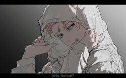  1boy adjusting_hood black_border border grey_jacket highres hood hood_up hooded_jacket itadori_yuji jacket jujutsu_kaisen jujutsu_kaisen_modulo letterboxed looking_at_viewer male_focus no_seng07 pink_hair scar scar_on_face scar_on_forehead scar_on_mouth short_hair solo twitter_username zipper zipper_pull_tab 