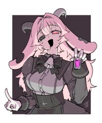  1girl animal_ears backward-facing_horns bell black_bow black_bowtie black_dress black_eyes black_mouth border bow bowtie breasts commentary_request cross cup dress drinking_glass drooling femme_soule fingernail_gloves gloves goat_ears goat_horns grey_background hair_intakes heterochromia highres holding holding_cup horns index_finger_raised inverted_cross jingle_bell long_hair looking_at_viewer mouth_drool neck_bell notched_ear open_mouth outside_border pink_hair pukey_goddess_shot_trick red_eyes shao_(newton) shot_glass signature smile solo upper_body white_border white_gloves 