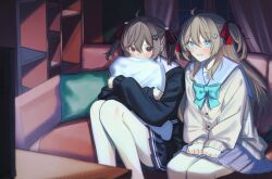  2girls absurdres ahoge aqua_bow bare_legs black_cardigan black_skirt blue_eyes blue_sailor_collar blue_skirt bow broken_heart broken_heart_hair_ornament brown_cardigan brown_hair cardigan chest_bow child commentary couch cowboy_shot dark english_commentary evil_neuro-sama feet_out_of_frame hair_ornament hair_ribbon heart heart_hair_ornament highres holding holding_pillow hugging_object indoors legs_up long_hair miniskirt multiple_girls neuro-sama on_couch open_mouth pillow raised_eyebrows red_eyes red_ribbon ribbon ritzchrono sailor_collar school_uniform second-party_source serafuku shirt siblings sisters sitting skirt sleeves_past_wrists sweatdrop television two_side_up v-neck vedal_ai virtual_youtuber watching_television white_shirt 