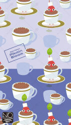  black_eyes coffee_beans coffee_mug colored_skin commentary cup highres leaf meme_(sleepsheep) mug no_humans no_mouth pikmin_(creature) pikmin_(series) pikmin_bloom red_pikmin red_skin saucer untranslatable_commentary 