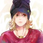  barnaby_brooks_jr beanie blonde_hair glasses green_eyes hat lips male poco24 solo t-shirt tiger_&amp;_bunny 