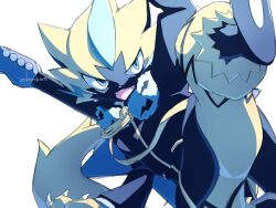  1other black_fur blue_eyes blue_fur clothed_pokemon fangs furry guitar instrument jacket korosliszt leg_up looking_at_viewer multicolored_fur open_mouth other_focus pokemon pokemon_(creature) pokemon_unite simple_background solo standing upper_body white_background yellow_fur zeraora zeraora_(band) zipper_pull_tab 