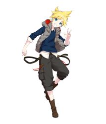  1boy baggy_pants black_pants blonde_hair blue_sweater boots brown_boots cargo_pants collared_shirt colorful_palette dot_nose fingernails flipped_hair full_body game_asset green_eyes grey_vest grin hand_up headphones headset high_ponytail highres hood hood_down hooded_vest hoodie kagamine_len layered_clothes long_sleeves looking_at_viewer male_focus nail_polish official_art open_clothes open_vest pants partially_unbuttoned ponytail project_sekai shirt shirt_under_sweater short_hair short_ponytail simple_background sleeve_cuffs smile solo standing standing_on_one_leg sweater tachi-e teeth third-party_source three-quarter_sleeves transparent_background unbuttoned unbuttoned_shirt v vest vivid_bad_squad_len vocaloid yellow_nails 
