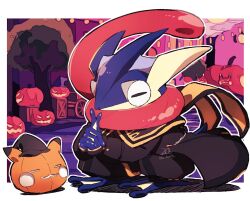  :3 black_capelet black_pants black_robe border capelet closed_eyes clothed_pokemon full_body furry greninja greninja_(costume_party) jack-o'-lantern korosliszt long_tongue looking_at_viewer outdoors pants pokemon pokemon_(creature) pokemon_unite robe scarf sitting solo tongue tongue_scarf very_long_tongue webbed_hands white_border yellow_scarf 