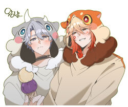  2boys blonde_hair blue_eyes braid chimera_(honkai:_star_rail) commentary_request cosplay creature facial_tattoo gradient_hair gwangpyo hair_between_eyes heart highres honkai:_star_rail honkai_(series) hood hood_up male_focus medium_hair multicolored_hair multiple_boys mydei_(fig_stew)_(honkai:_star_rail) mydei_(honkai:_star_rail) onesie orange_pajamas pajamas phainon_(honkai:_star_rail) phainon_(vigethos)_(honkai:_star_rail) red_hair red_tattoo self_cosplay short_hair side_braid tail tattoo white_hair white_pajamas yellow_eyes 