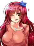  ;d breasts character_request collarbone copyright_request hair_ribbon hairband jewelry long_hair looking_at_viewer open_mouth paopao pendant red_hair redhead ribbon simple_background smile solo white_background wink yellow_eyes 