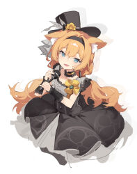  1girl :d absurdres animal_ear_fluff animal_ears black_hairband black_hat black_overskirt black_wrist_cuffs blue_archive blue_eyes cat_ears choker commentary dress flower fluffy_hair frilled_choker frills grey_dress grey_feathers hairband hat hat_flower highres holding holding_microphone idol idol_clothes long_hair looking_at_viewer low_twintails maochibuqihuyu mari_(blue_archive) mari_(idol)_(blue_archive) microphone mini_hat mini_top_hat missing_halo official_alternate_costume open_mouth orange_hair rose simple_background smile solo top_hat twintails untranslatable_commentary white_background wrist_cuffs yellow_flower yellow_rose 