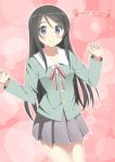  aragaki_ayase black_eyes black_hair blue_eyes blush character_name kantoku_(style) long_hair looking_at_viewer macchaume ore_no_imouto_ga_konna_ni_kawaii_wake_ga_nai pink_background school_uniform solo 