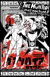  1girl 2boys 5_stargold animal_print armor bat_(animal) bat_print bat_wings blood boots breasts castle copyright_name darkstalkers demon_girl elbow_gloves english_text engrish_text gloves head_wings helmet highres jedah_dohma leotard lilith_(darkstalkers) lord_raptor moon multiple_boys pantyhose print_pantyhose ranguage short_hair skull smile vampire wings 
